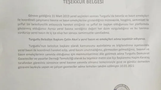 Gazeteciler Gününde Başkan Akın'a 'Teşekkür Belgesi Verildi'